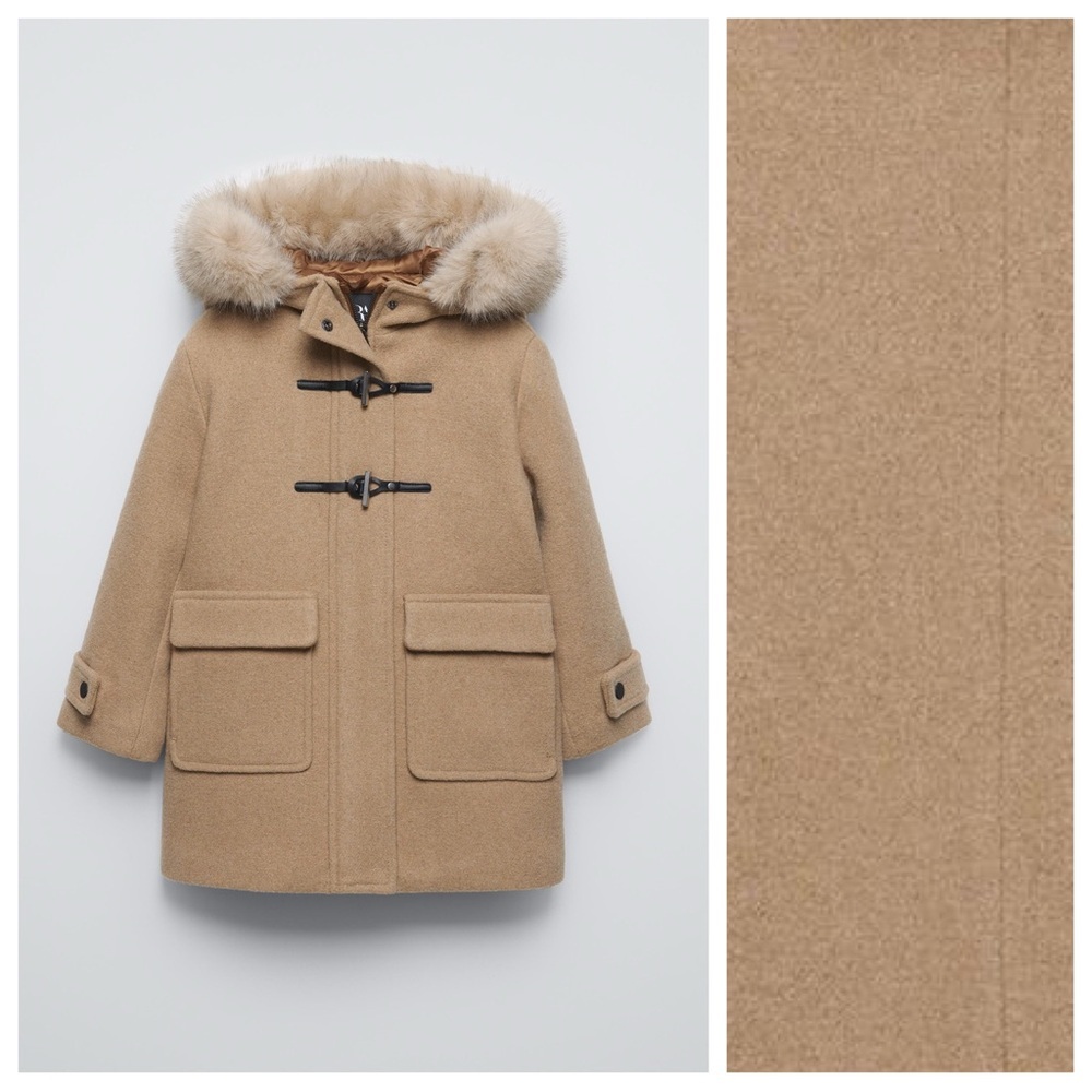 Zara Kids Light Brown Wool Blend Hooded Coat with Faux Fur Trim. Size 13-14. - Picture 2 of 12